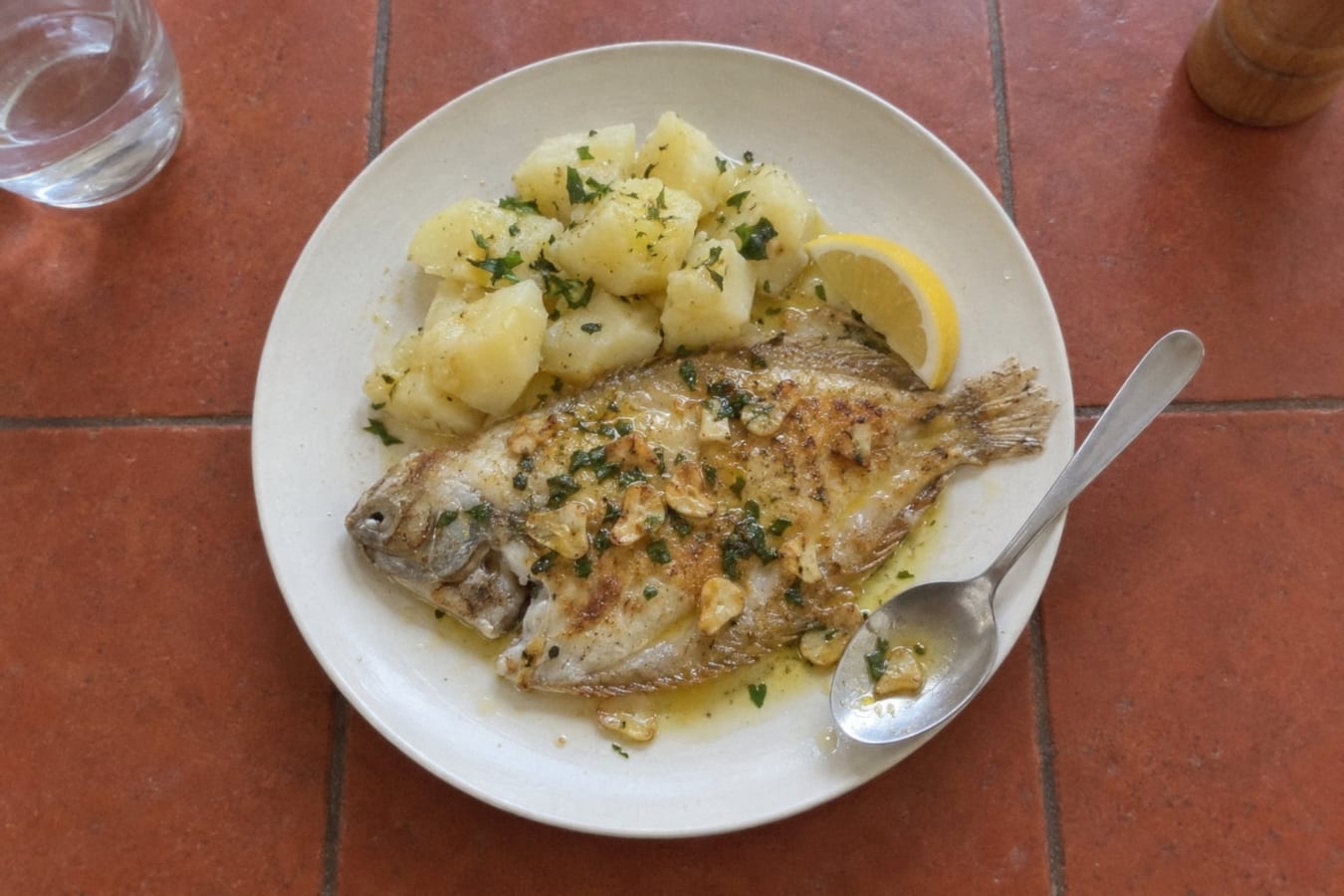 Stekt glasvar med vitlök, persilja och kokt potatis