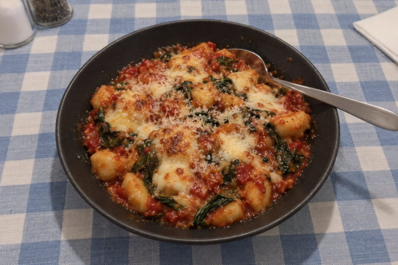 Gnocchi i ugn med tomatsås, spenat och mozzarella