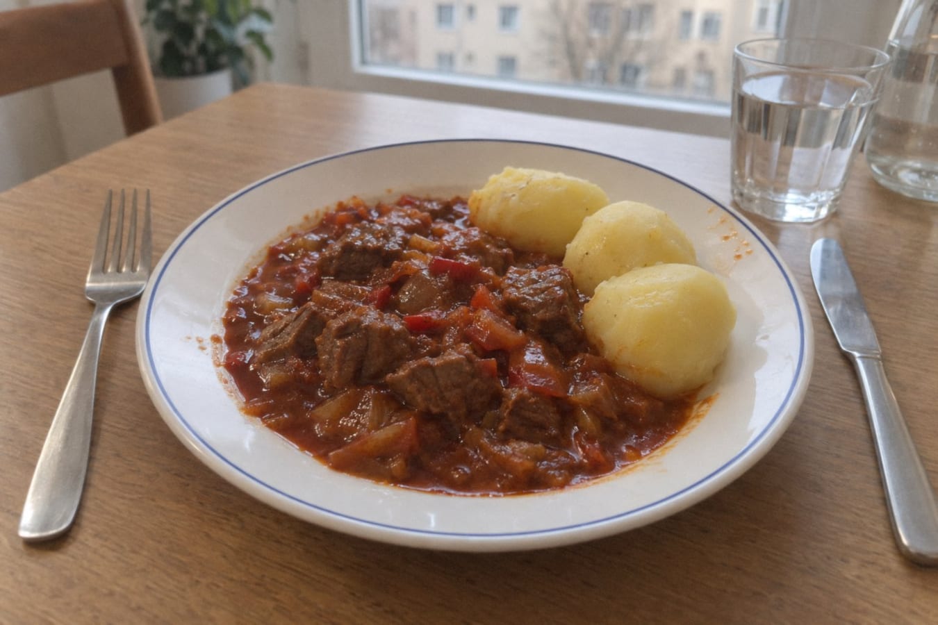 Goulash with boiled potatoes