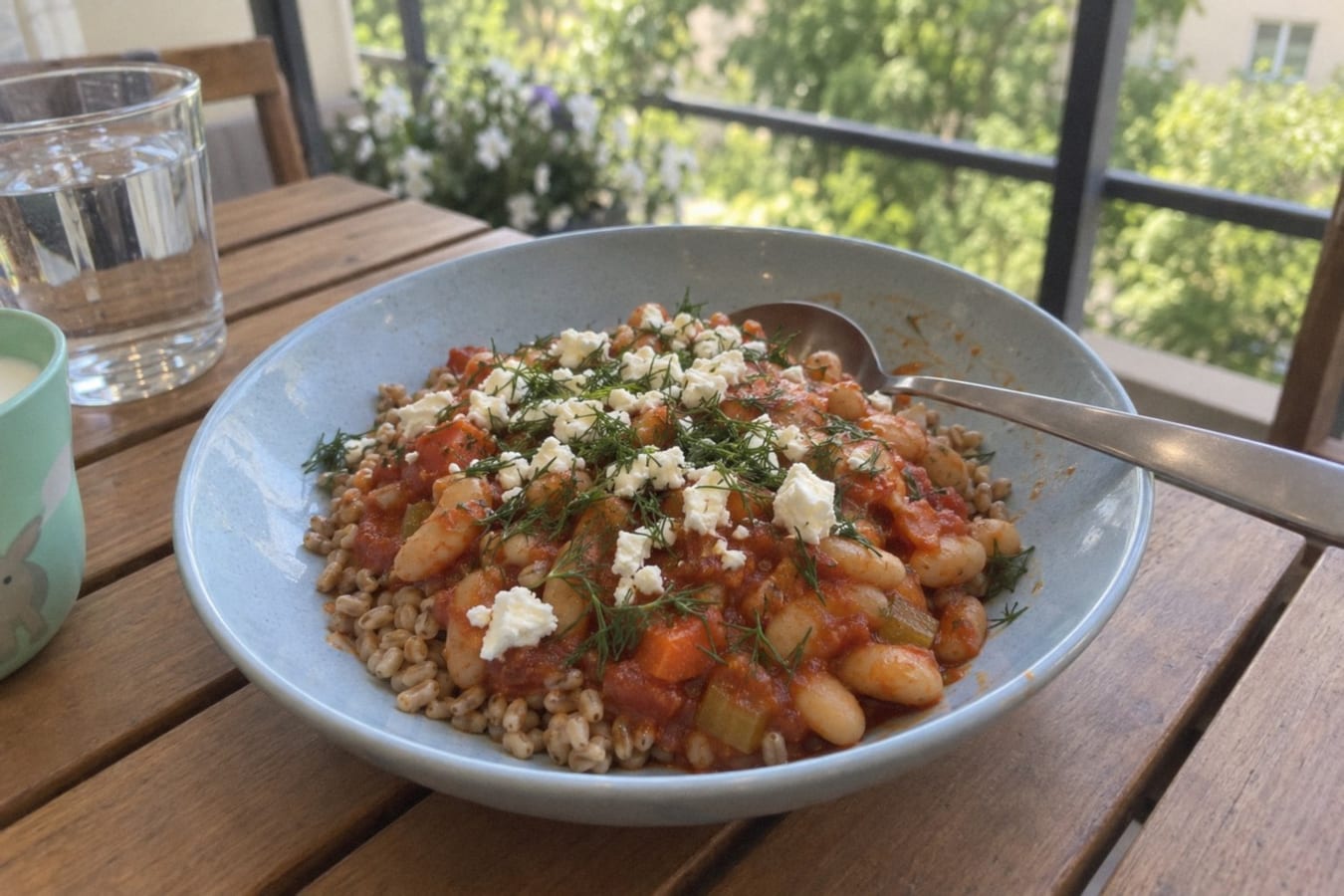 Grekiska bönor i tomatsås med matvete och fetaost