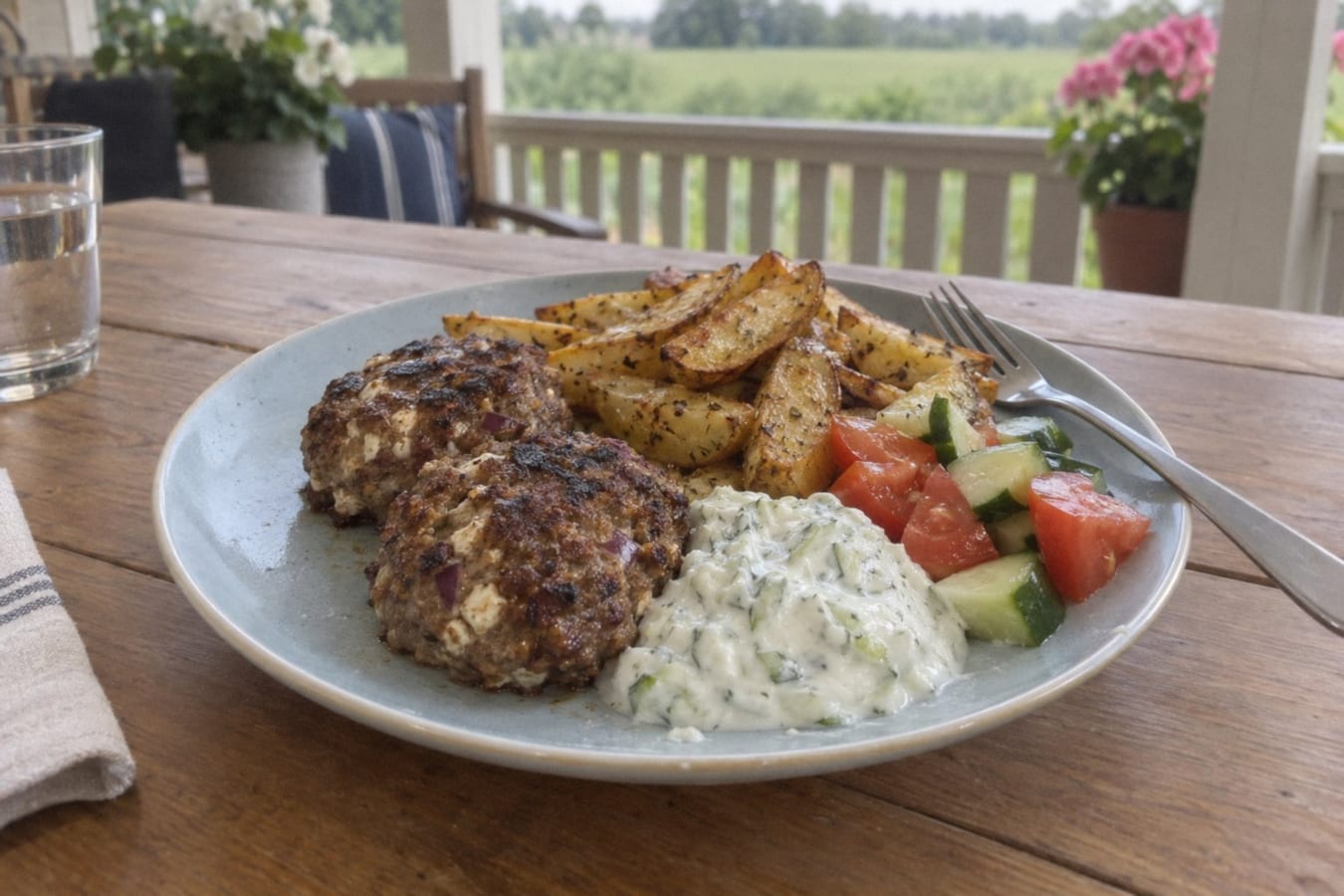 Grekiska färsbiffar med tzatziki och klyftpotatis