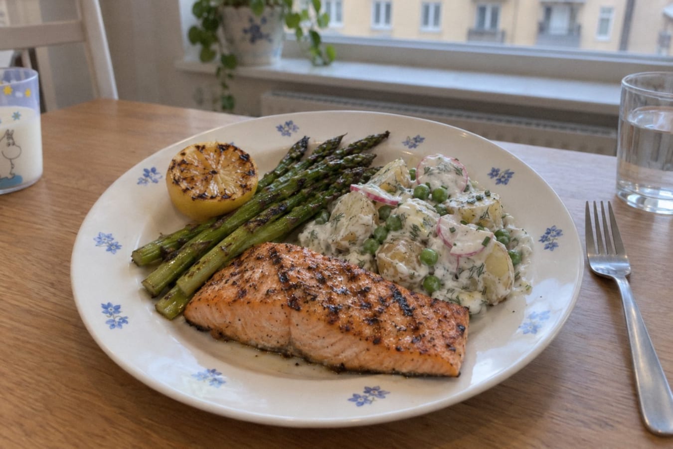 Grilled salmon with asparagus and yoghurt potato salad