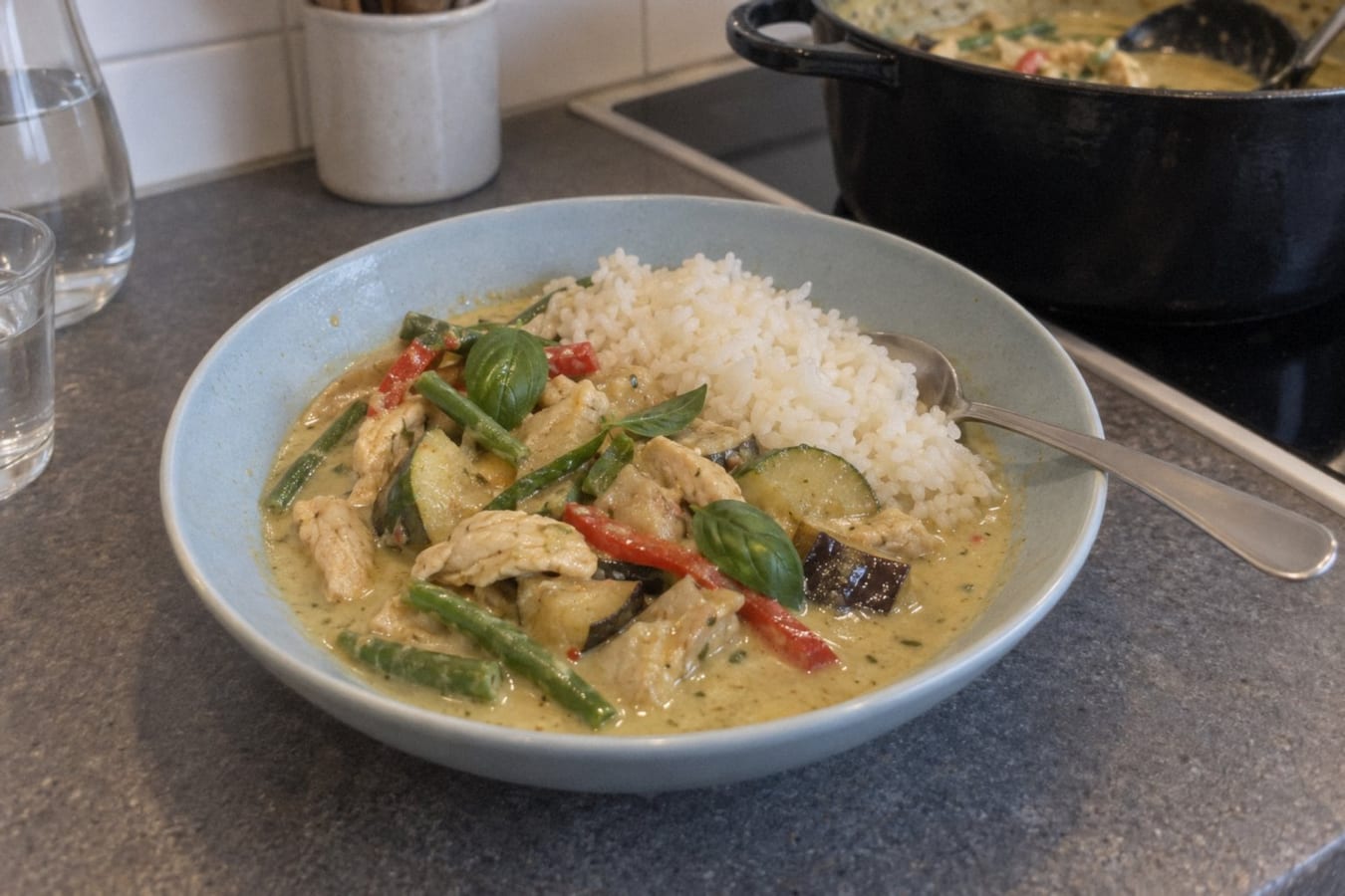 Curry verde tailandés con pollo y verduras