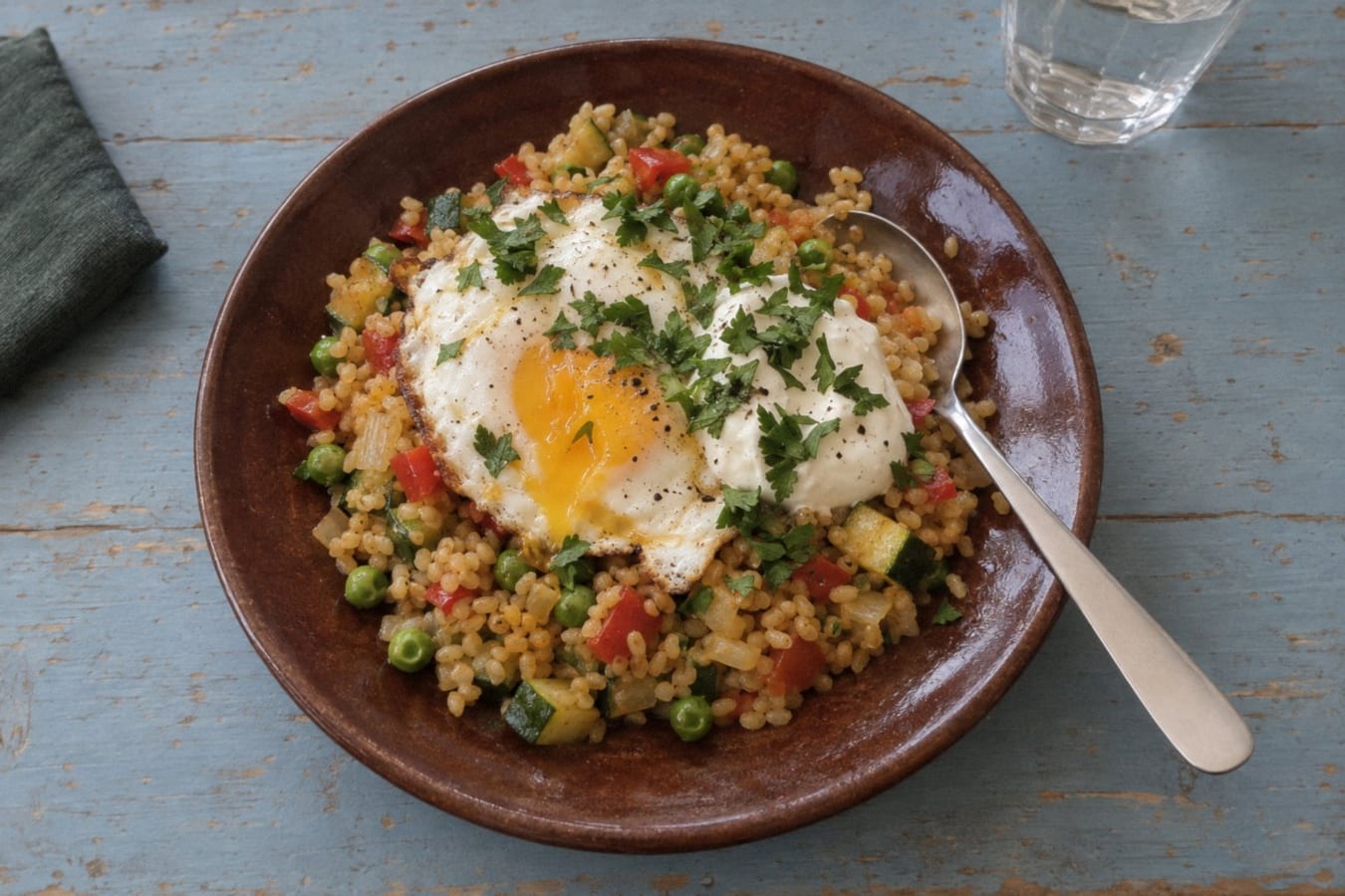 Grönsaksbulgur med stekt ägg