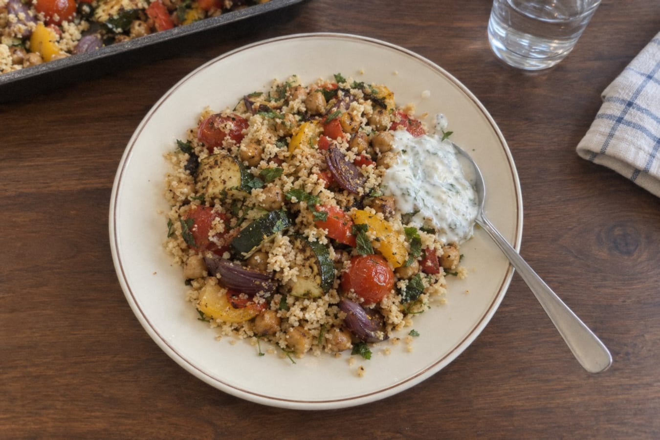 Cuscús con verduras asadas, garbanzos y yogur de hierbas