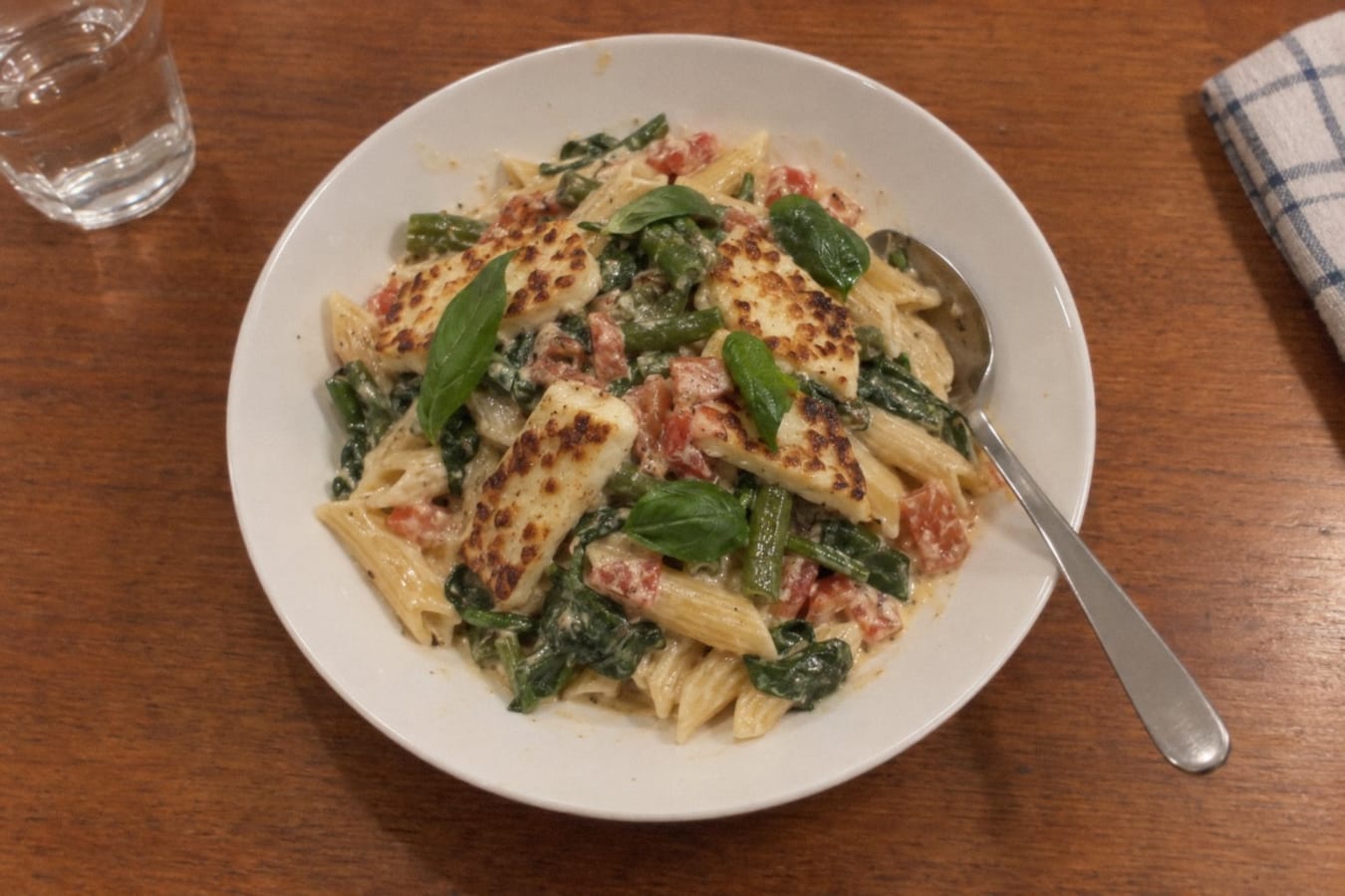Krämig halloumipasta med tomat och spenat