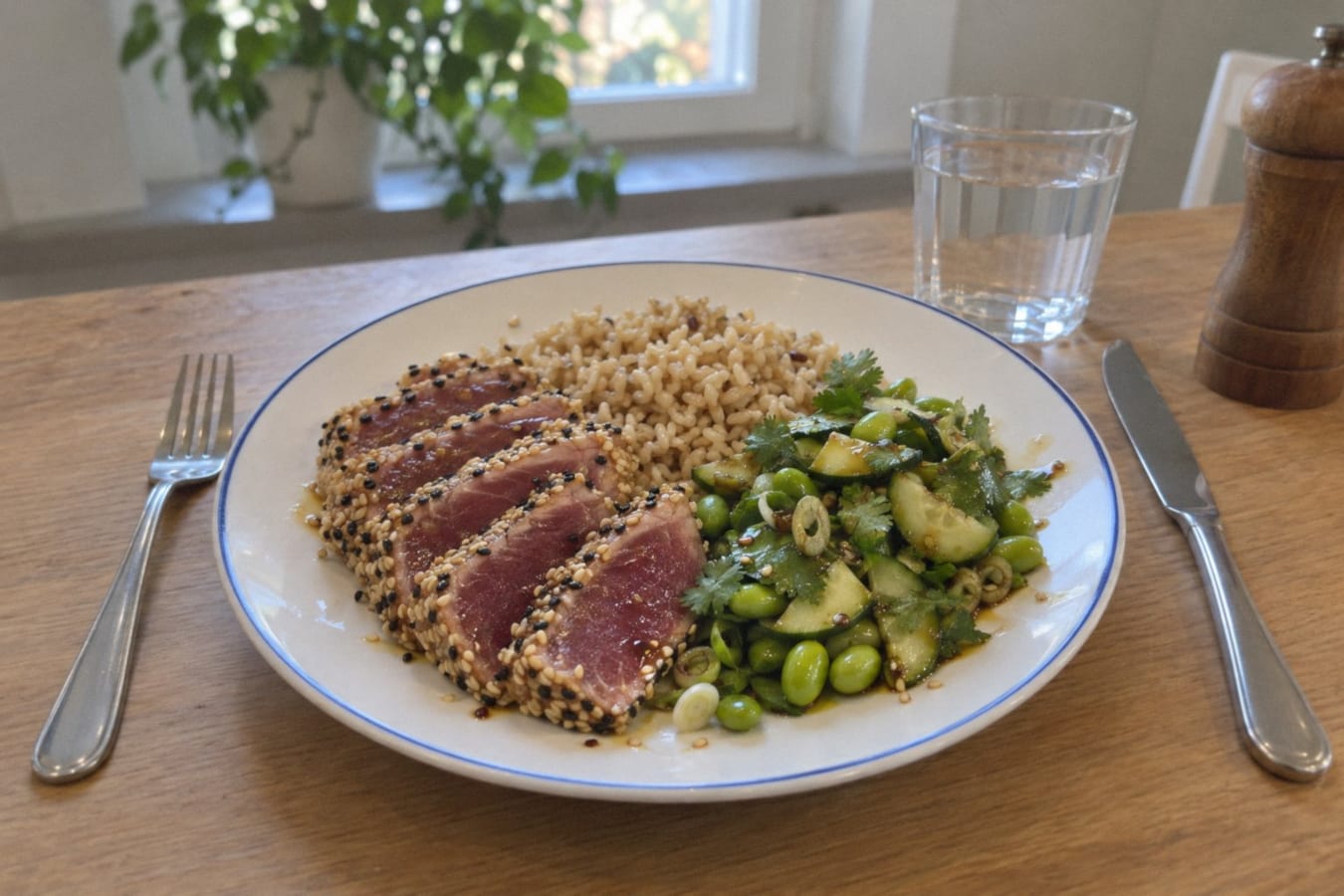 Halstrad tonfisk med sesam, edamame och ris