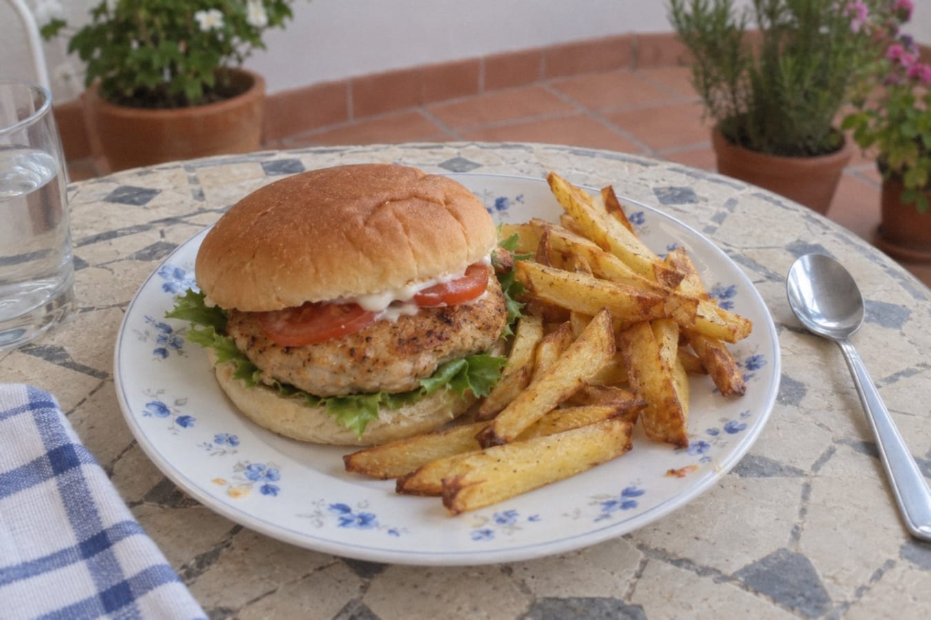 Homemade chicken burgers with oven chips