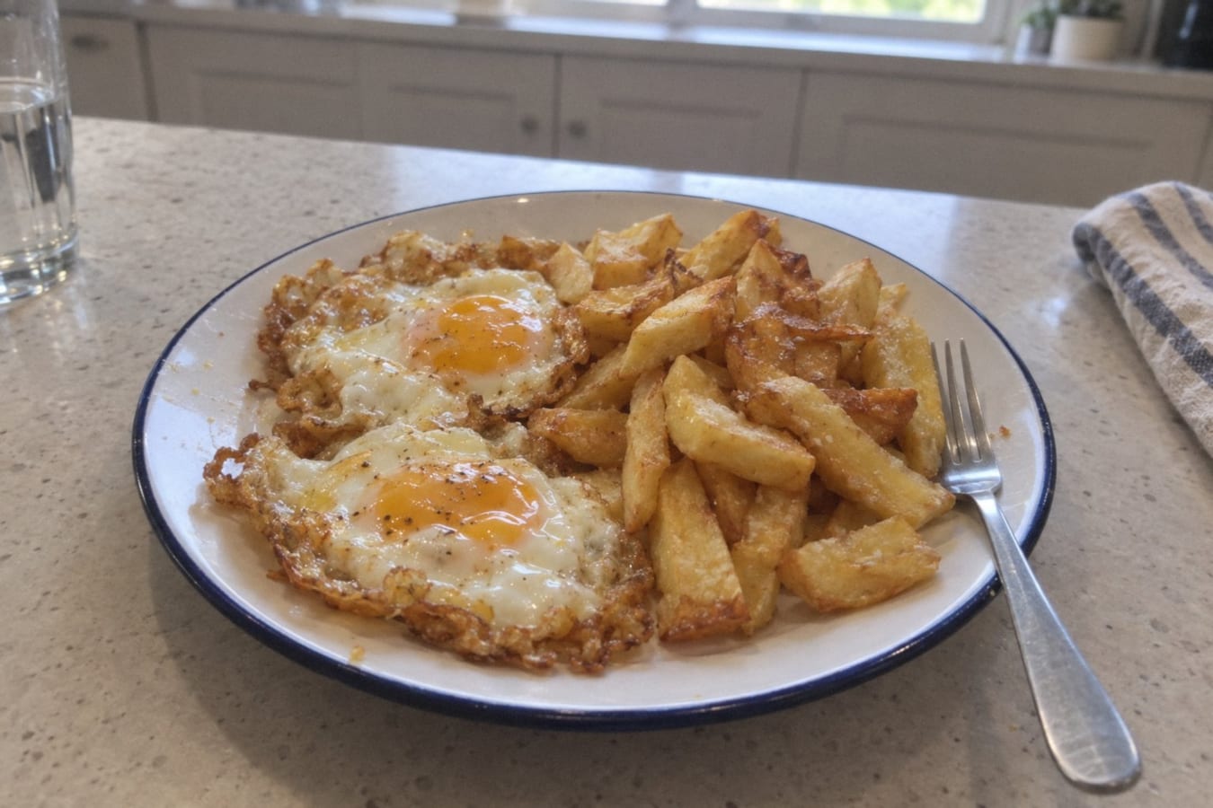 Fried eggs with homemade chips