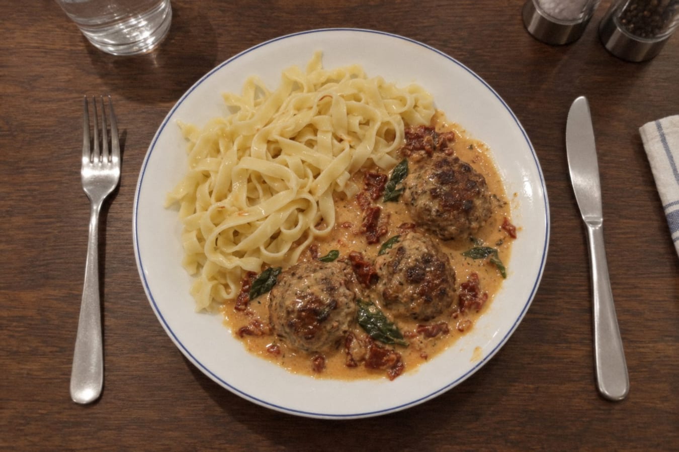 Italienska biffar i gräddsås med soltorkade tomater och pasta
