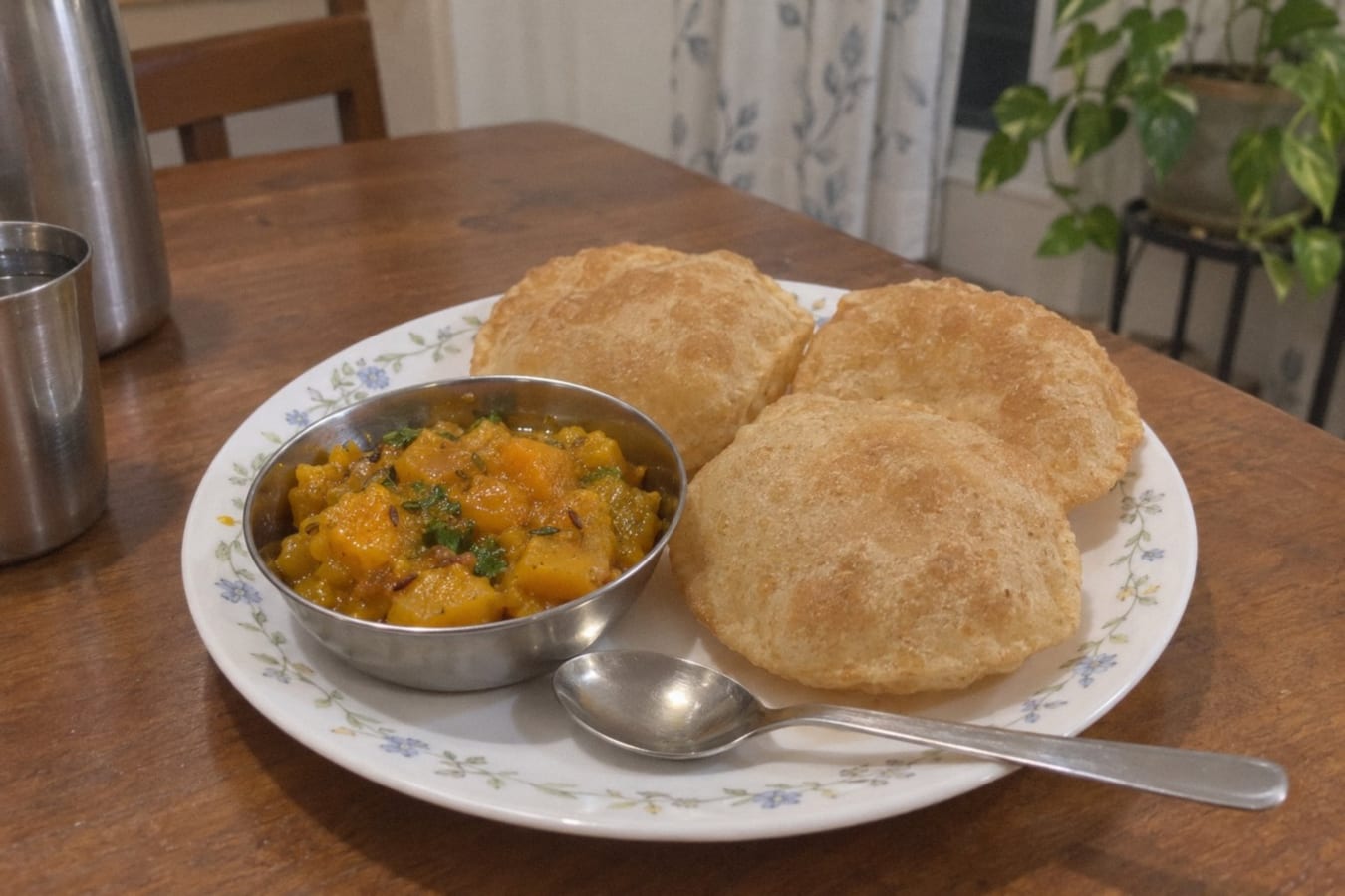 Kaddu ki sabzi with poori