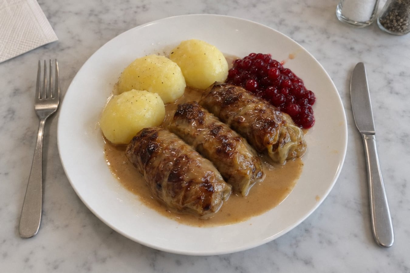 Kåldolmar (rollitos de repollo rellenos de carne) con salsa de crema y papas
