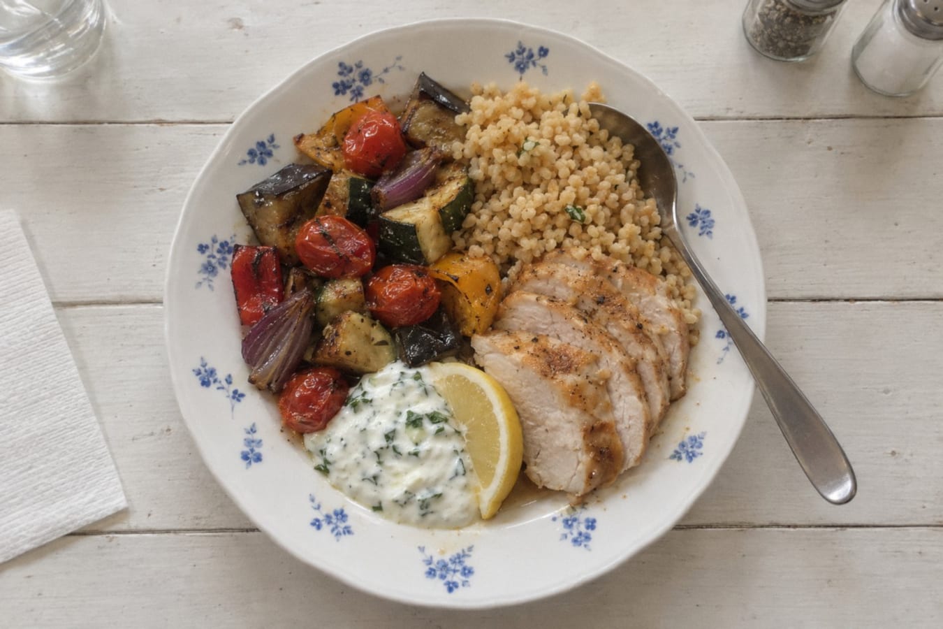 Kalkonfilé med rostade grönsaker och bulgur