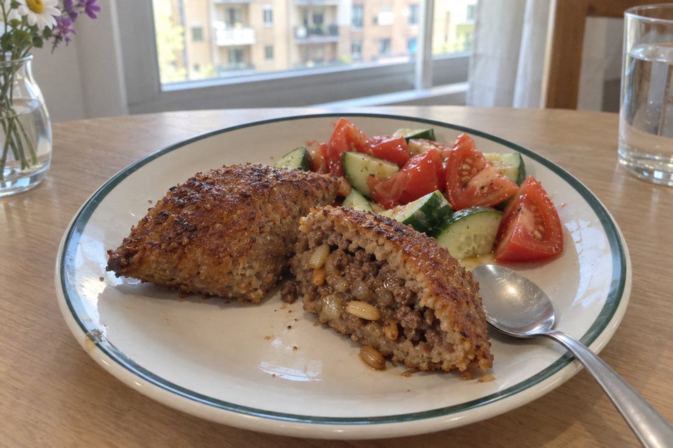 Baked kibbeh (kipe al horno) with tomato salad