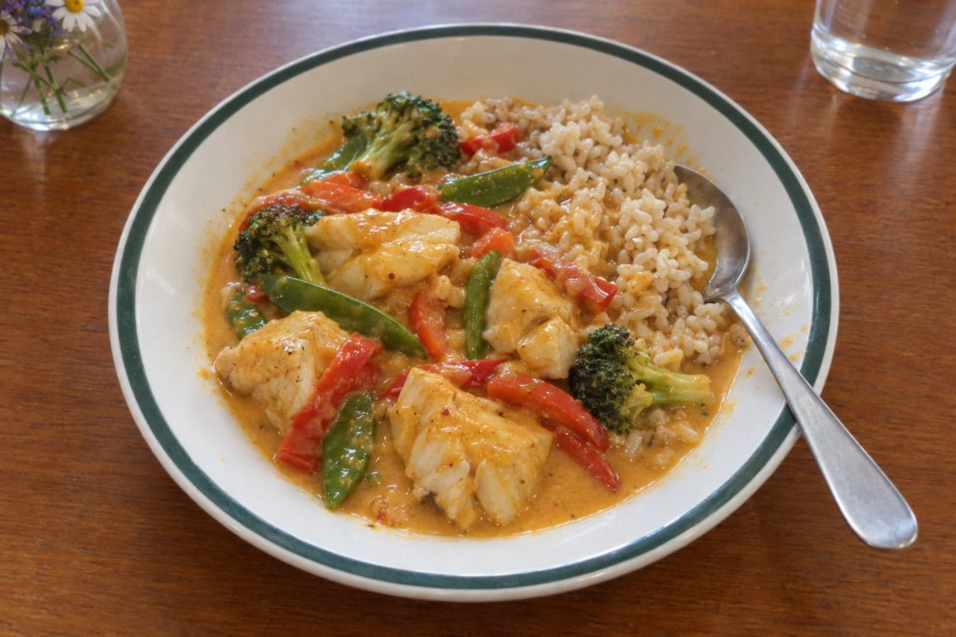 Coconut fish with saithe, peppers and rice
