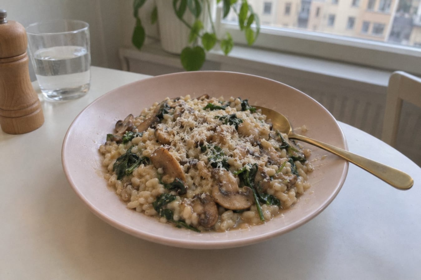 Pearl barley risotto with mushrooms and spinach
