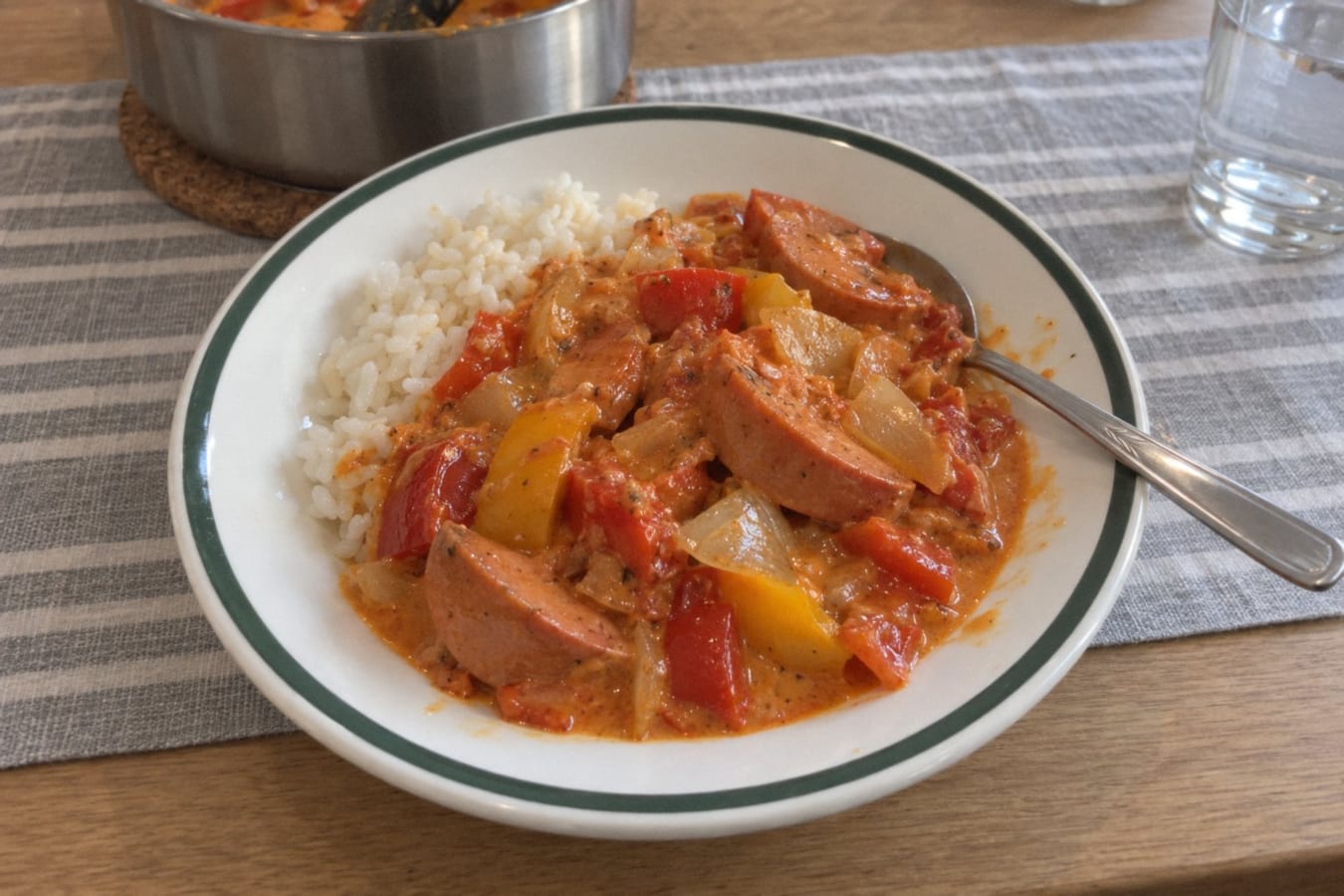Guiso de salchicha con pimiento y arroz