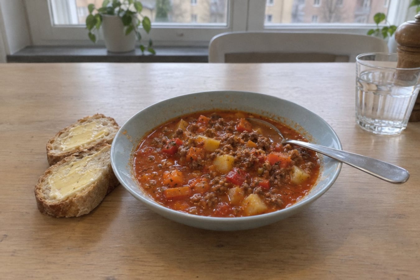 Sopa de carne picada con verduras y pan
