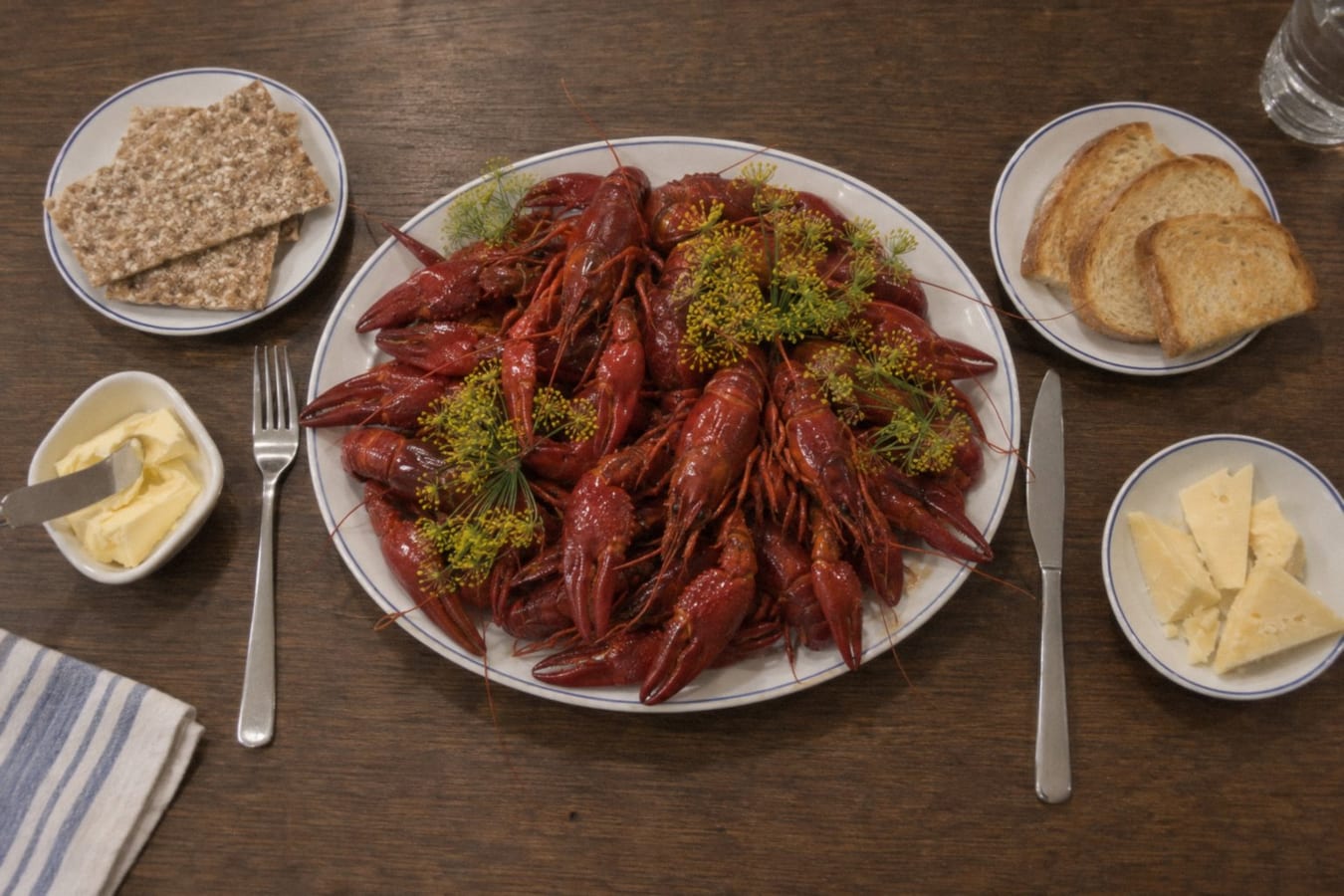 Cangrejos de río con pan crujiente y queso Västerbotten
