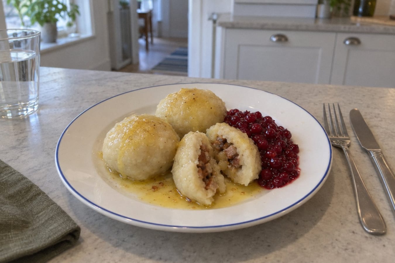 Kroppkakor (bolas de papa rellenas de panceta) con mantequilla clarificada y arándanos rojos