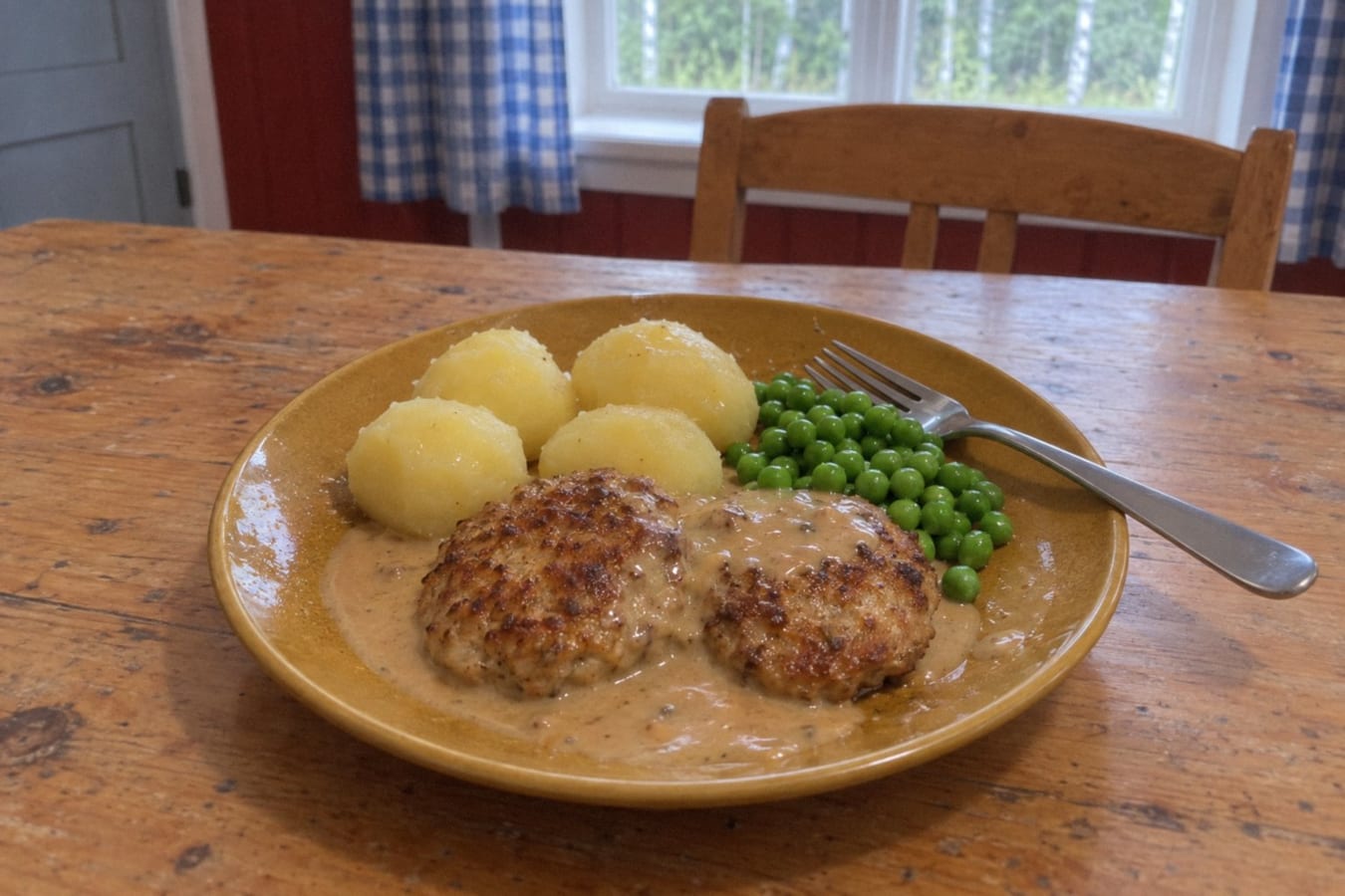 Chicken patties with cream sauce and potatoes