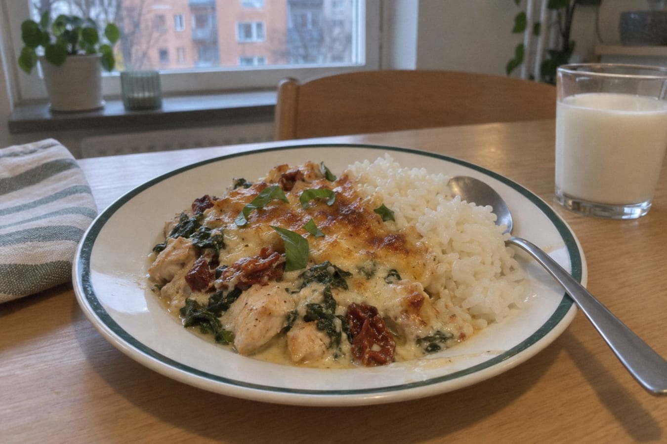 Gratinado de pollo con espinaca y tomates secos