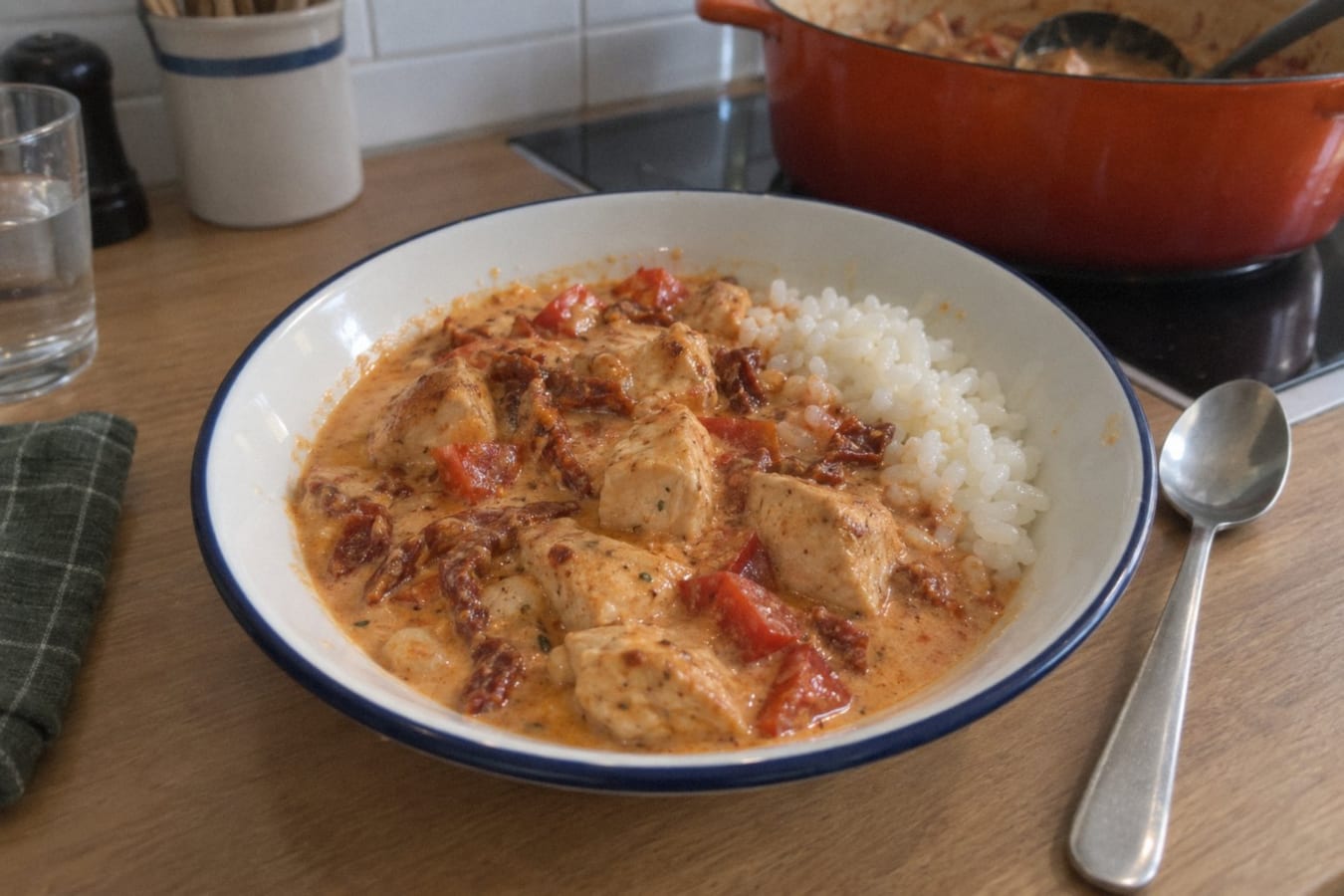 Guiso cremoso de pollo con tomates secos