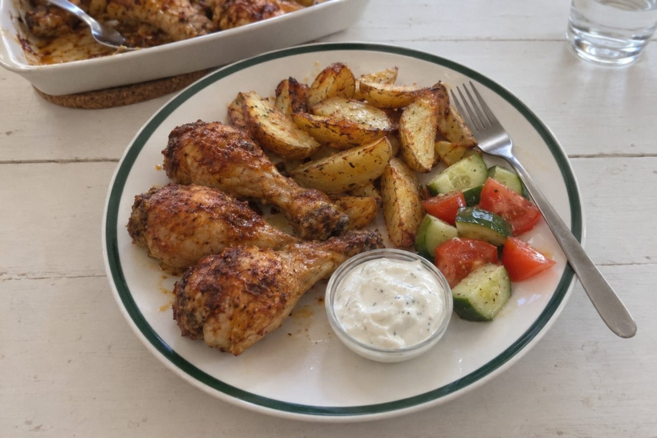 Oven-baked chicken drumsticks with potato wedges and garlic dip