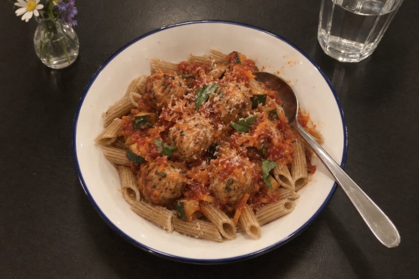 Albóndigas de pollo en salsa de tomate con pasta integral