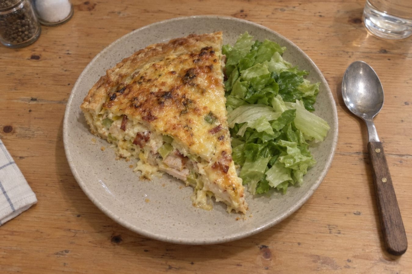Tarta de pollo con panceta y puerro