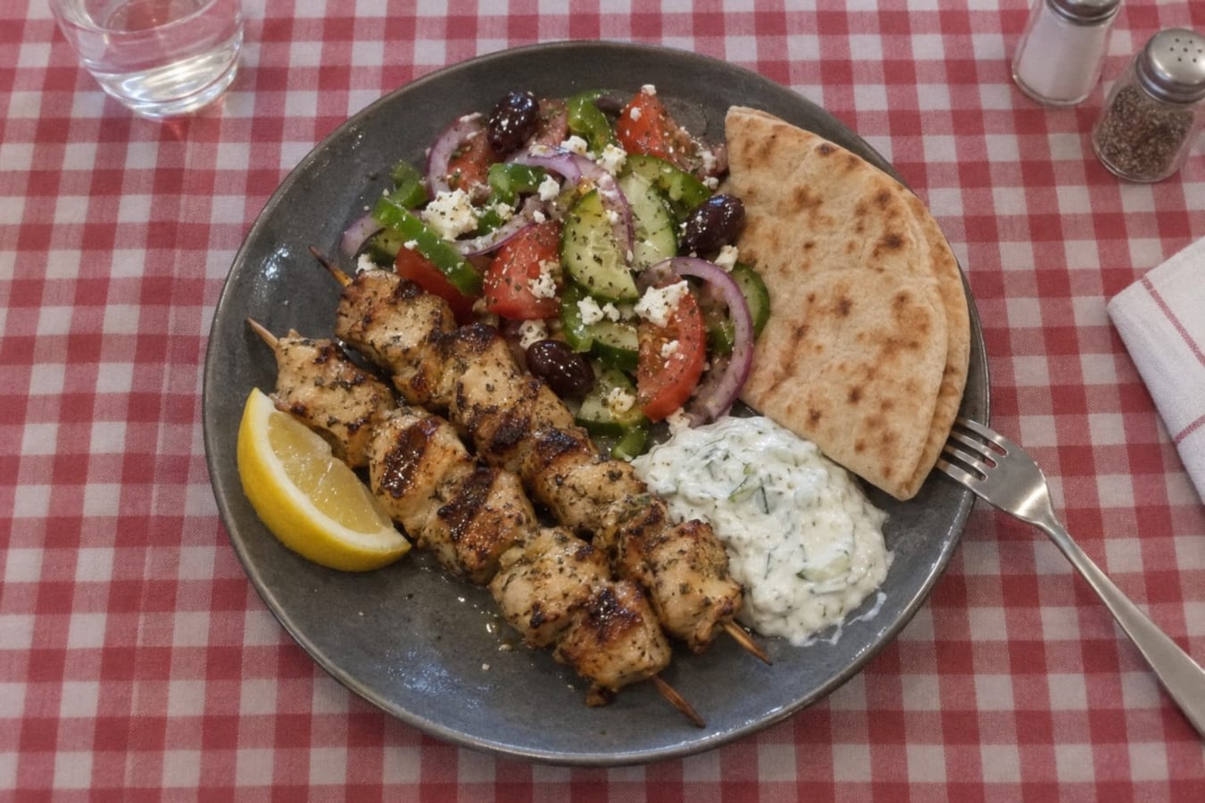 Kycklingsouvlaki med tzatziki, grekisk sallad och pitabröd