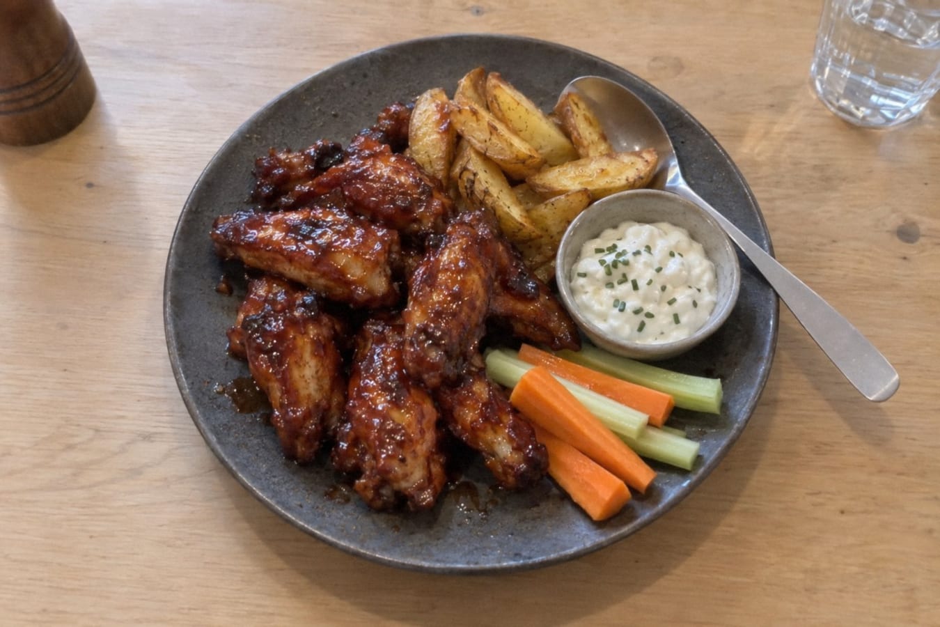 Kycklingvingar med klyftpotatis och dipp