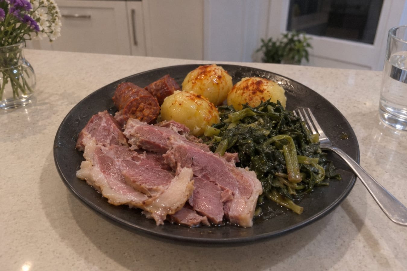 Lacón con grelos – cured pork shoulder with turnip tops, chorizo and potatoes