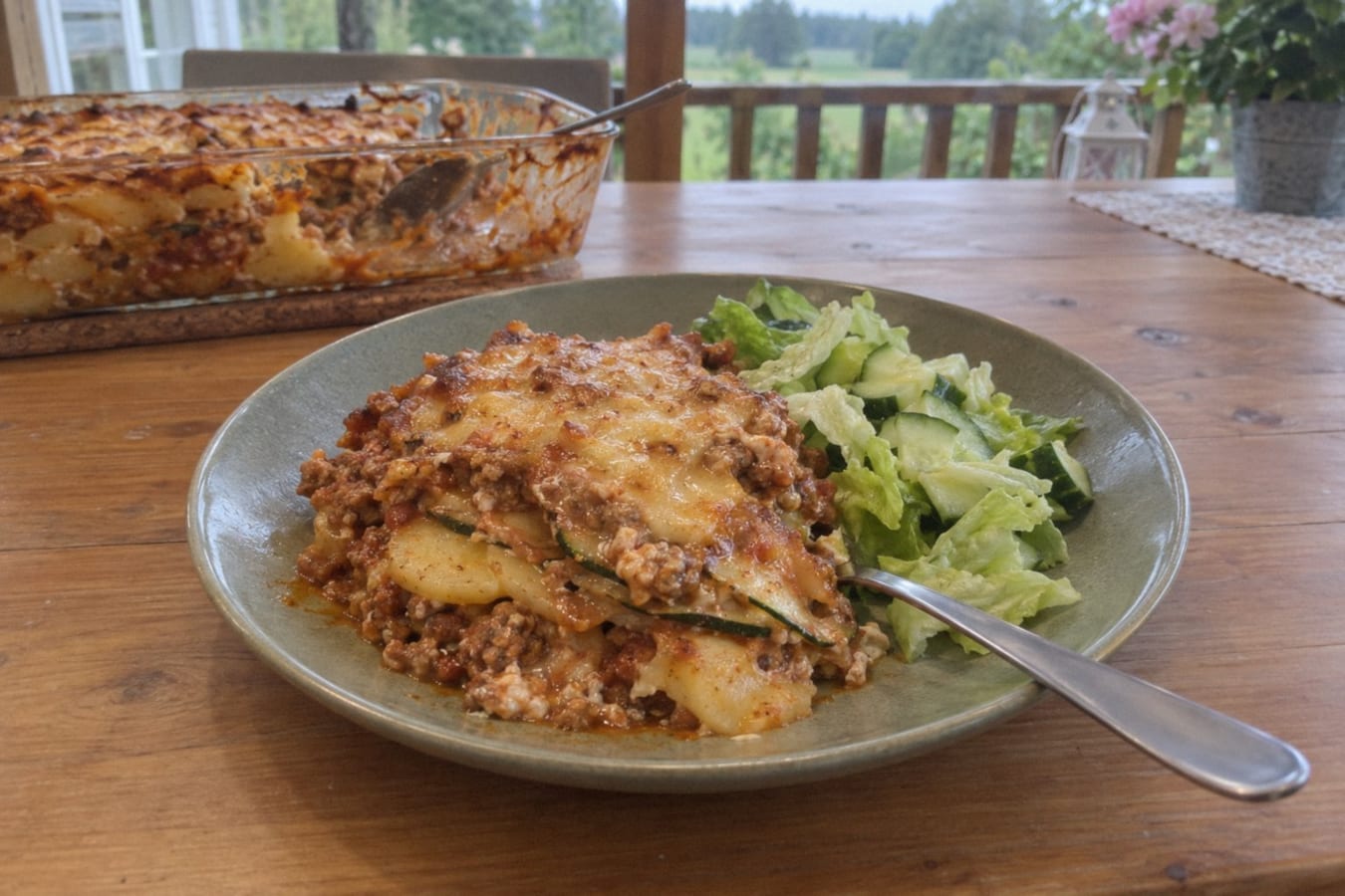 Lamb mince and potato bake with courgette and salad