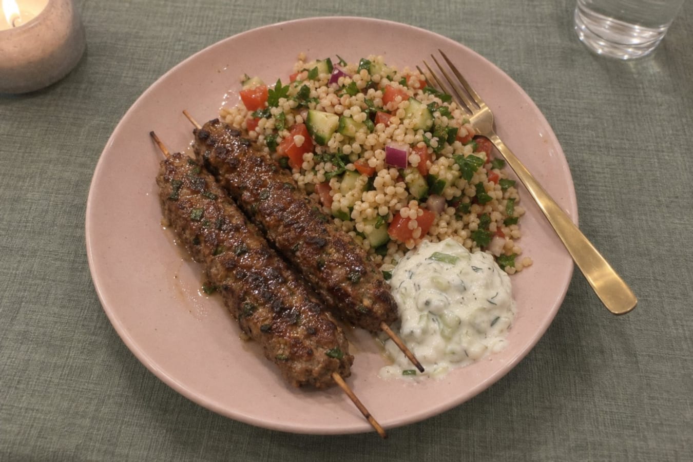 Lamb kofta skewers with bulgur salad and tzatziki