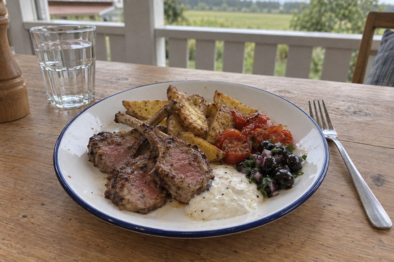 Lammkotletter med getostkräm, klyftpotatis och ugnsbakade tomater