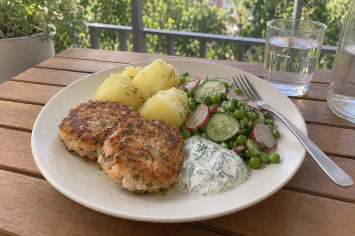 Laxbiffar med dillyoghurt, potatis och gurksallad