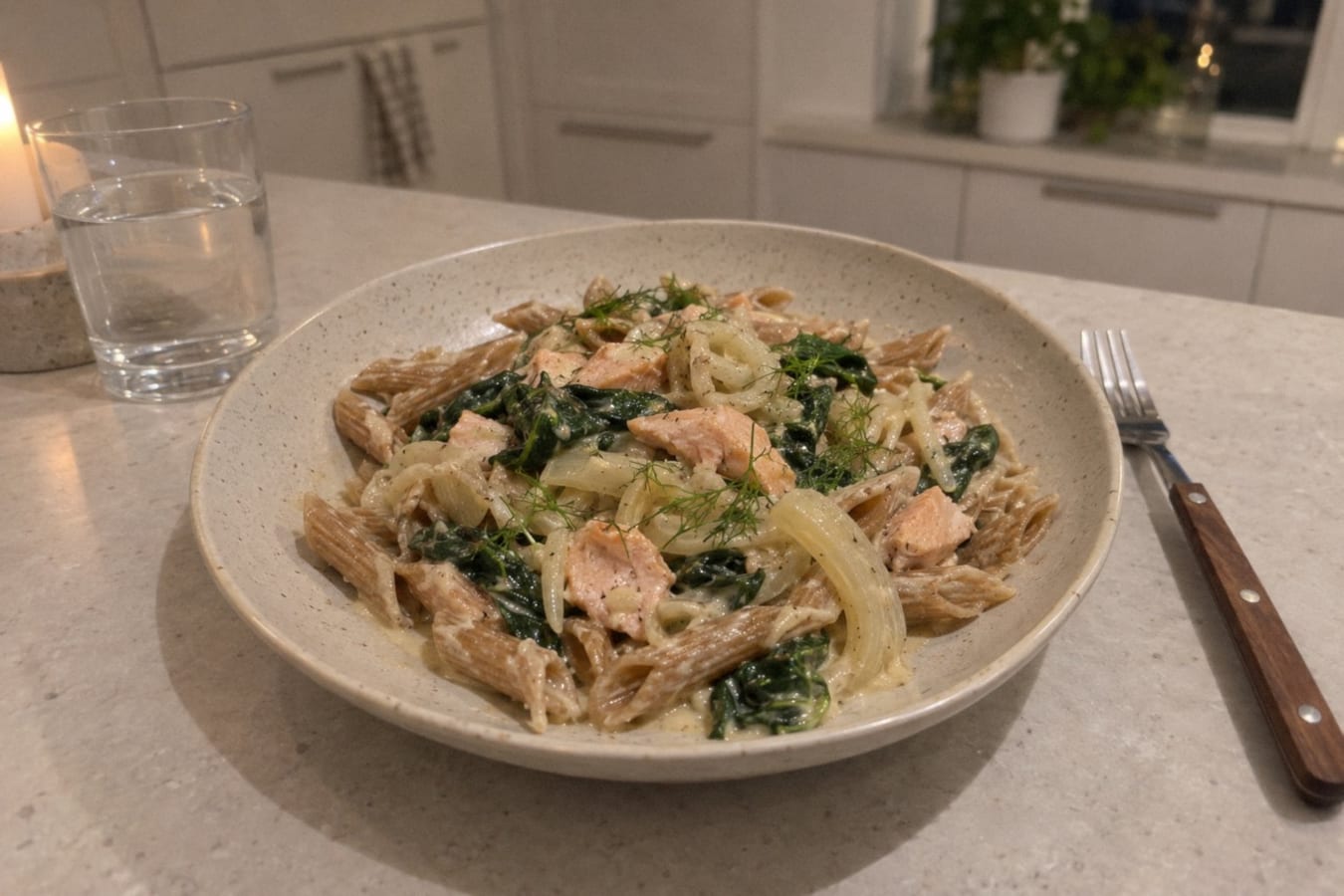 Pasta integral con salmón, hinojo y limón