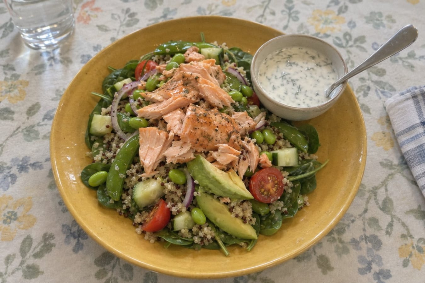 Ensalada de salmón con quinoa, edamame y aguacate