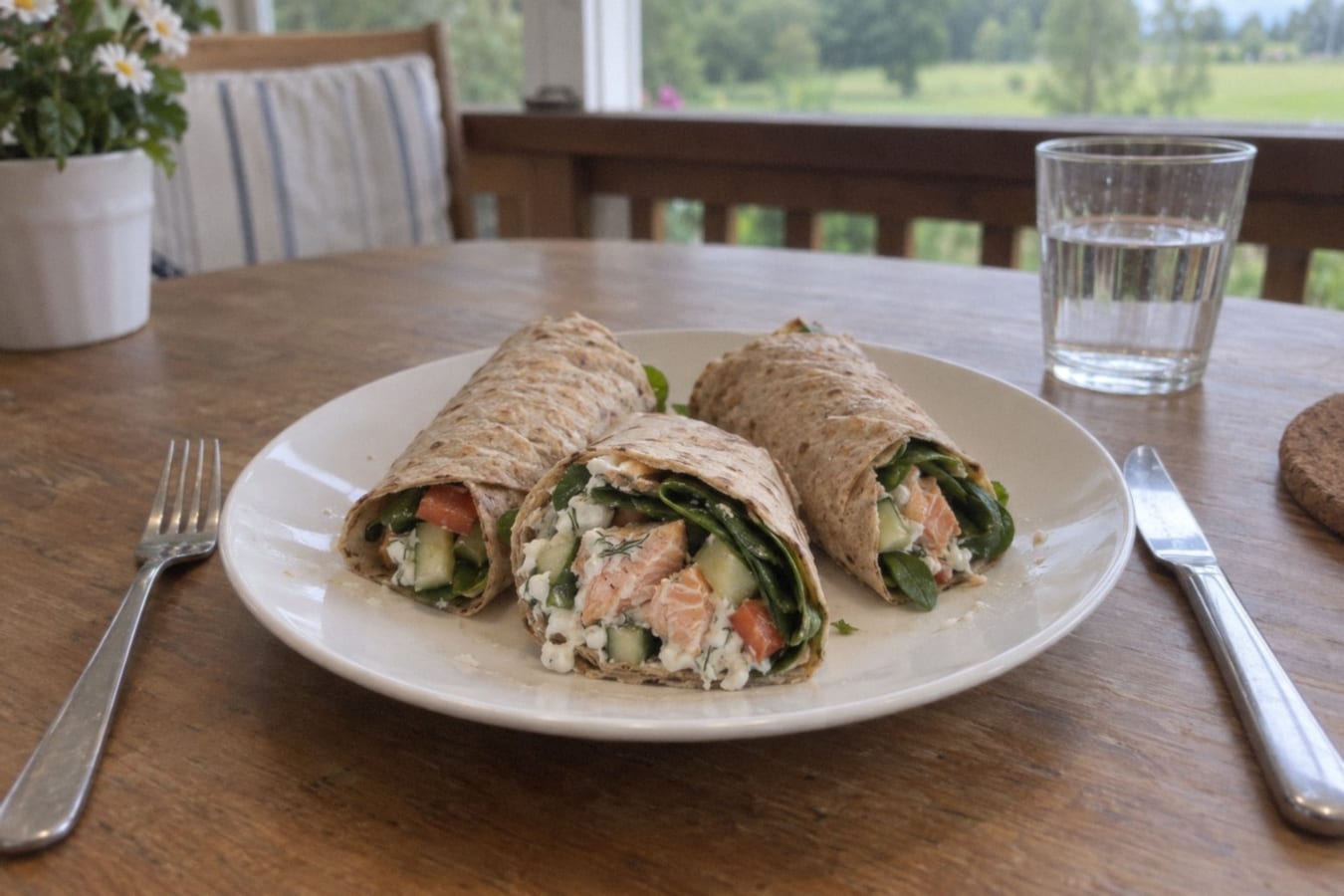 Salmon wraps with cottage cheese, spinach and cucumber