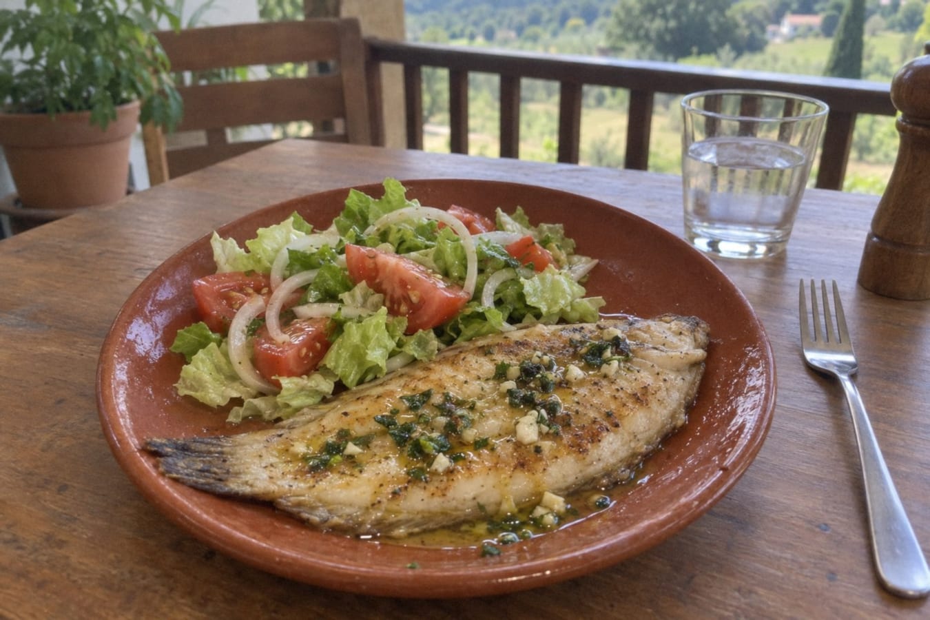 Griddled sole with garlic, parsley and salad