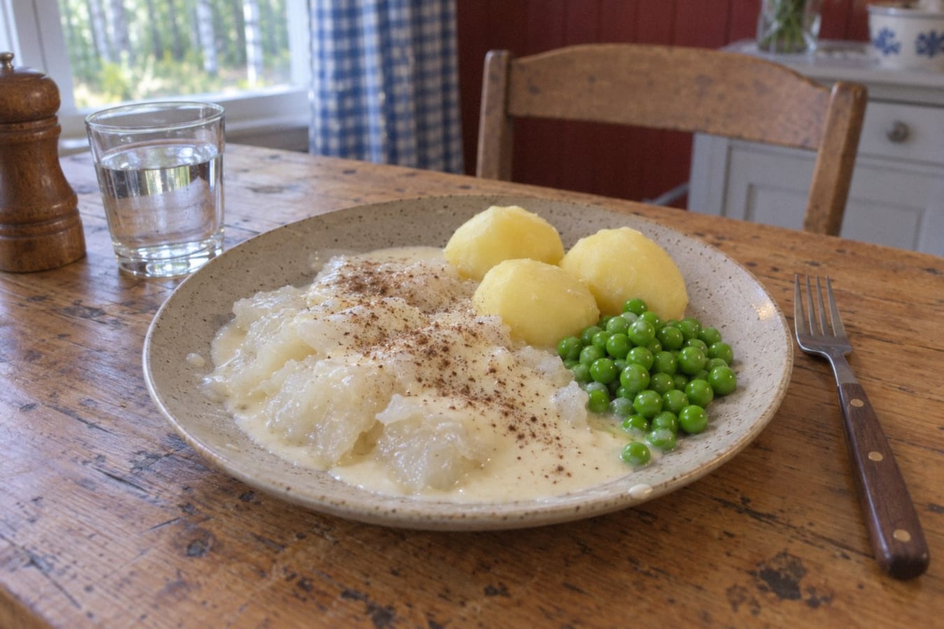 Lutfisk med vit sås, ärter och potatis