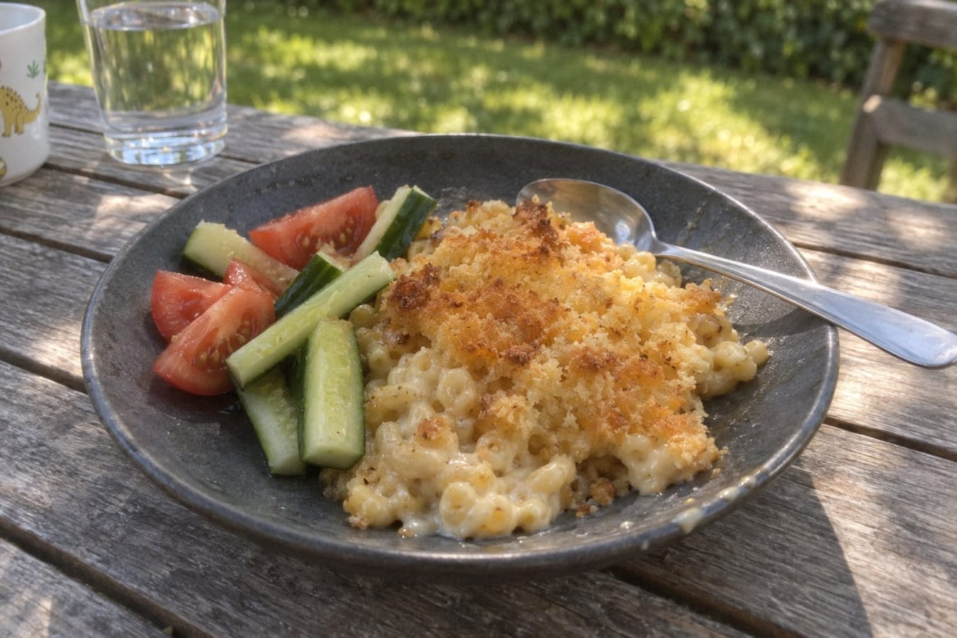 Macaroni cheese with tomato and cucumber