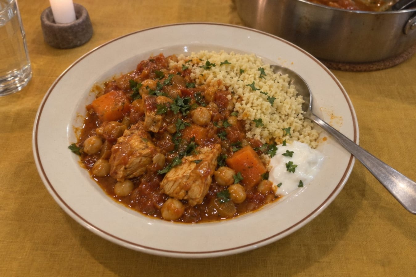 Guiso marroquí de pollo con garbanzos y cuscús