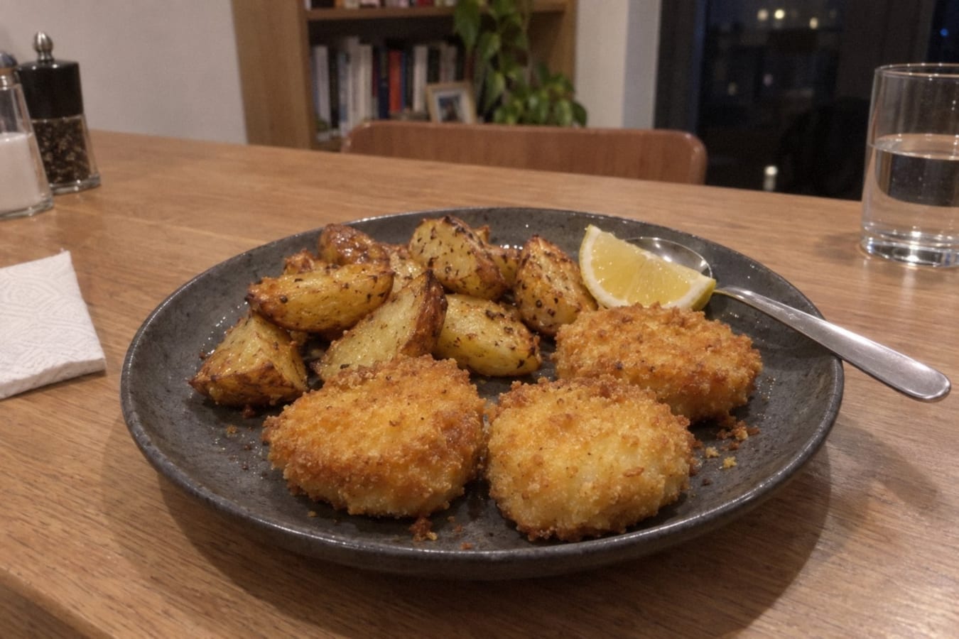 Panerade fiskbiffar med klyftpotatis