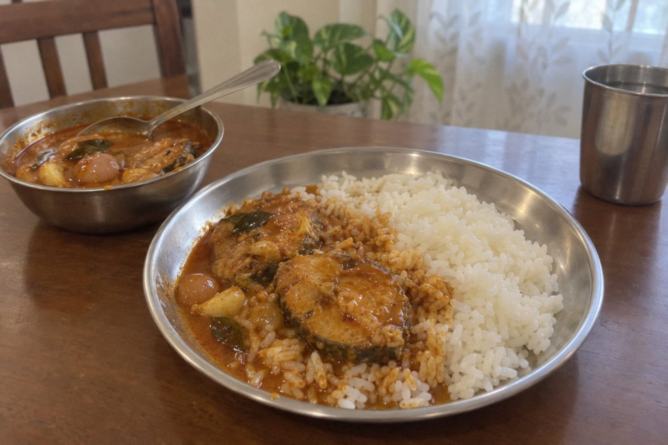 Meen kuzhambu with steamed rice