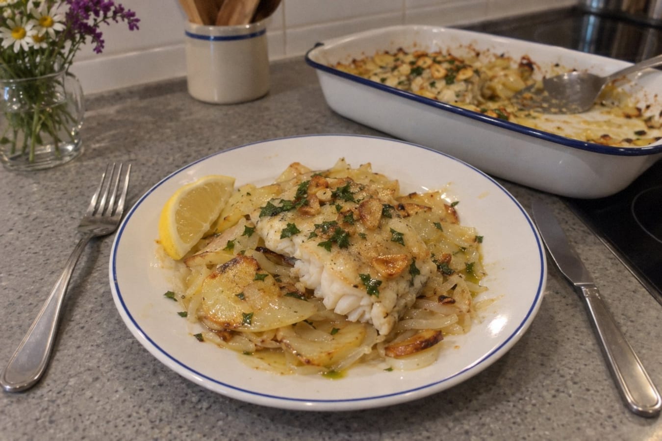 Merluza al horno con patatas