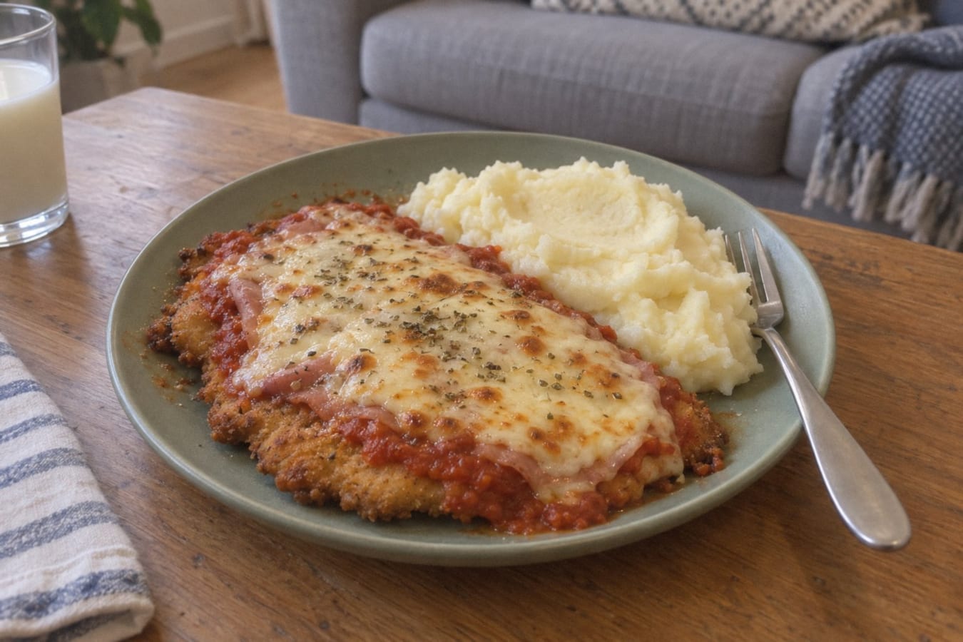 Milanesa napolitana – breaded beef with tomato, ham and cheese, with mash