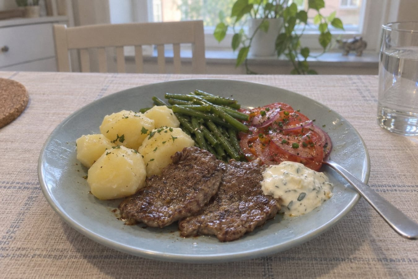 Minutbiff med haricots verts, tomatsallad och potatis