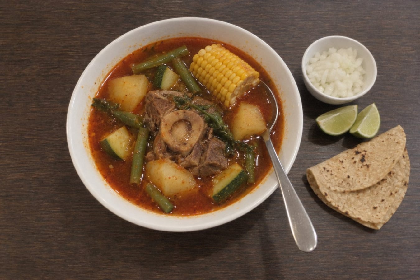 Mole de olla – beef and vegetable soup in red chilli broth